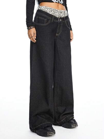 Jeans amples femme 2-en-1 imprimé léopard