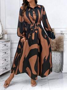 SHEIN Unity 大码女式全印花长袖长款休闲衬衫裙，秋季长款女装