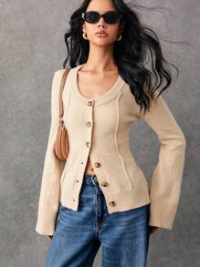 Poéselle 女士修身腰部开衫，前扣长袖纯色休闲毛衣卡其色开衫秋季服装冬季女装长袖秋装冬季女装，卡其色，轻松时尚必备， - 白色 - 查看 2