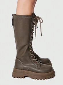 ROMWE 深色皮革系带及膝靴，厚底哥特式靴，带侧拉链，适合圣诞节和新年假期氛围秋冬季女士 - 卡其色 - 查看 4