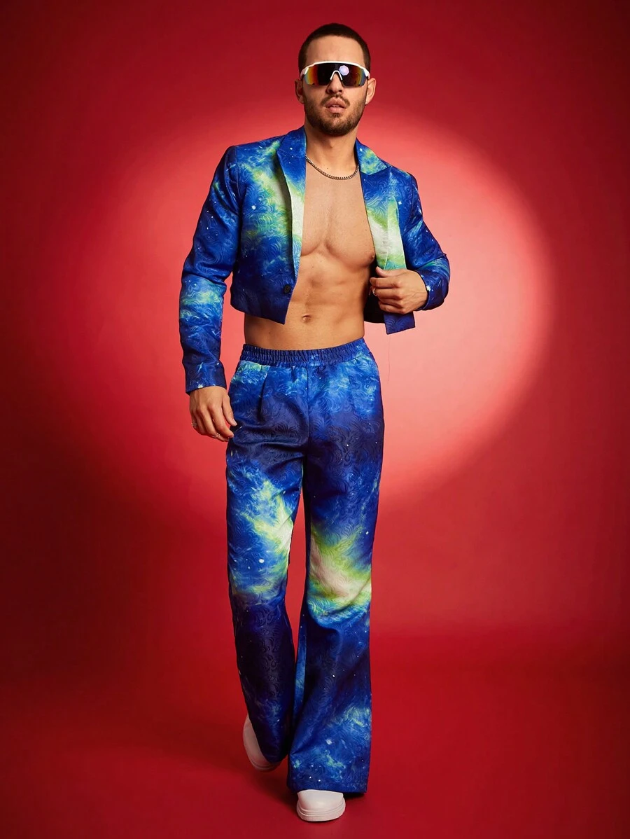 FeverCity Men's Fashion Tie-Dye Cropped Jacket And Trousers Suit - Multicolor - View 1