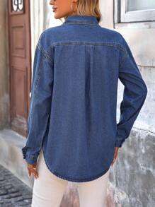 SHEIN Essnce Bluză casual de damă din denim, elegantă pentru purtarea zilnică - Albastru - Vizualizare 2