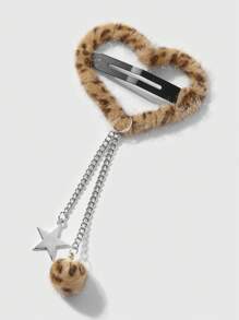 ROMWE Kawaii 2 件 Y2K 复古可爱时尚学院风毛球、星星链、豹纹、心形发夹、刘海夹，适合女性、日常佩戴、节日礼物情人节爪夹发夹 - 棕色 - 查看 7