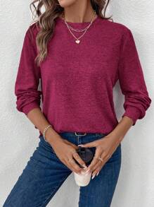 SHEIN LUNE Ed 女士圆领保暖基本款长袖 T 恤，休闲舒适，秋冬 - 中紫紅色 - 查看 6