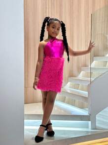 Tween Girl Party Holiday Solid Fuchsia Patchwork Asymmetric Neck Glitter Metallic Feather Hem Party Mini Dress Mommy And Me Matching Outfits (2 Pieces Sold Separately) - Hot Pink - View 5