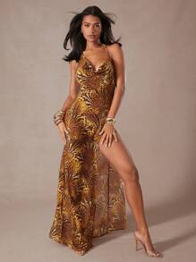 Hauture Asymmetrical Front Cowl Open Back High Slit Dress - Multicolor - View 3