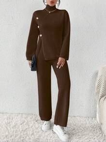 Chiquease 2 件套女式纯色漏斗领长袖纽扣毛衣和裤子套装 - 咖啡棕 - 查看 6