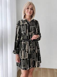 SHEIN LUNE Women's Front Tie Long Sleeve Print Minimalist Short Dress - Multicolor - View 5