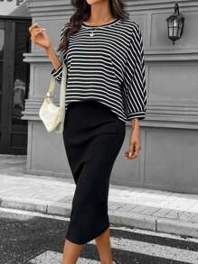 SHEIN LUNE 两件套女士休闲条纹服装：长袖上衣和裙子，适合日常穿着，秋冬季休闲百搭 - 黑與白 - 查看 3