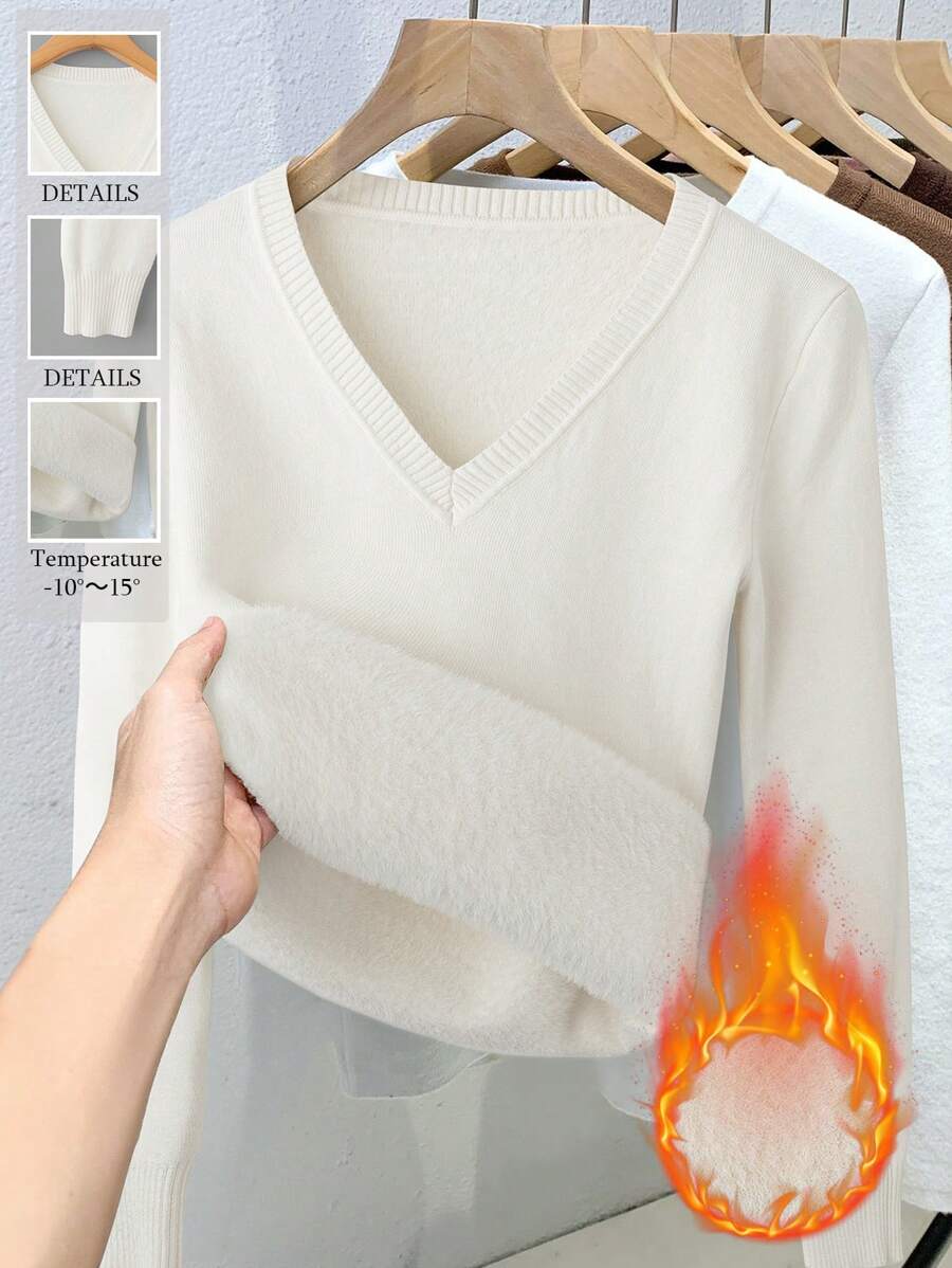 Franclia Áo len nữ tay dài cổ chữ V màu trơn, giữ ấm, kiểu dáng thường ngày, thích hợp cho mùa thu/đông, áo len chui đầu mùa thu. - Màu be - Xem 1