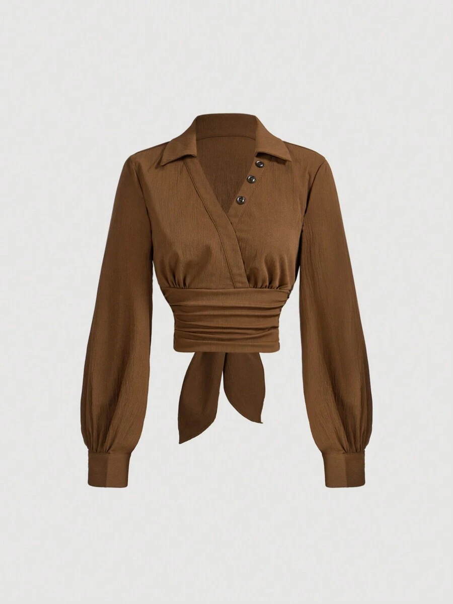 SHEIN MOD Áo sơ mi cổ điển màu nâu có nút cài phía trước và nơ phía sau, áo sơ mi Lễ Tạ ơn, trang phục ngày lễ, phụ nữ Lễ Tạ ơn, áo sơ mi nữ, áo sơ mi ngày lễ - màu nâu - Xem 1