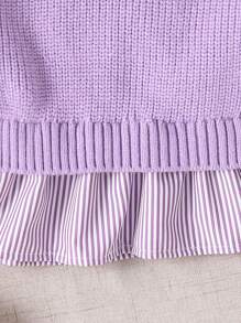 SHEIN Vintaside Kids 女婴撞色条纹圆领长袖二合一可爱毛衣，适合秋冬季。让她们在日常生活中展现可爱活泼的一面。适合妈妈和宝宝休闲居家时光、外出和聚会。 - 淡紫色 - 查看 3