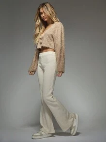 MISSGUIDED Rib Knit Flare Hem Mid Rise Pants - Apricot - View 5