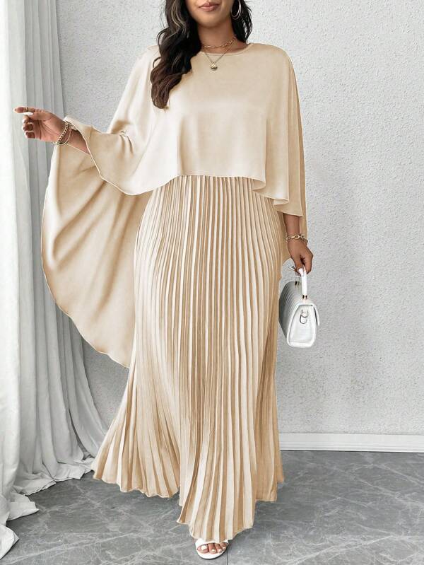 Elenzga Plus Size Women 2 Pieces Set: Solid Color Drape High Low Cape & Pleated Midi Skirt, Elegant, Autumn