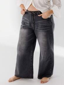 Aralina Curve High Waist Relaxed Fit Drawstring Washed Denim Jeans - Light Grey - View 1