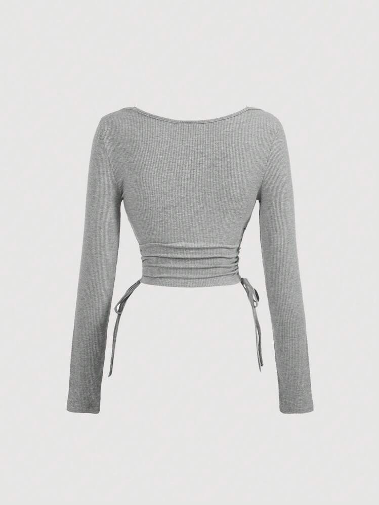 SHEIN MOD Women's Romantic Vintage 2 In 1 Lace & Bowknot Decor Long Sleeve T-Shirt,Women Tops,Women T Shirt - Grey - View 2