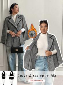 Calvaya Plus Size Two-Row Button Contrast Trim Batwing Sleeve Elegant Coat - Multicolor - View 5