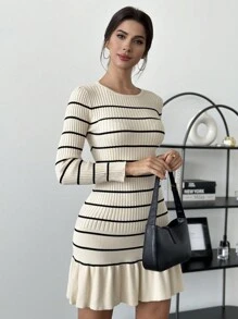 SHEIN Privé Đầm bodycon tay dài ngắn kẻ sọc đi làm và về nhà thanh lịch tối giản cho nữ, màu mơ, thu/đông - Màu be - Xem 6