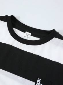 SHEIN Áo thun cổ tròn kẻ sọc dệt nhãn hiệu Anh thoải mái, đa năng, rộng rãi cho bé trai tuổi teen - Đen và trắng - Xem 8