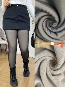 SHEIN EZwear 2 件大码女式保暖内衬网眼打底裤套装，黑色，秋冬服装，羊毛 - 黑色 - 查看 2