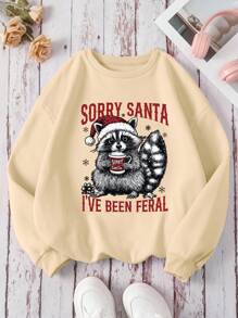 SHEIN EZwear Áo nỉ cổ tròn in hình ông già Noel và gấu trúc làm quà tặng Giáng sinh cho nữ, Thu/Đông - Màu Khaki - Xem 3