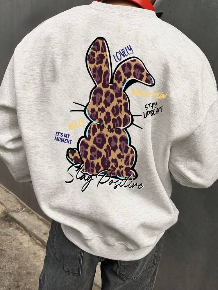 Men's Leopard & Rabbit Print Pullover Sweatshirt, Casual And Fashionable For Daily Wear Fall,Winter