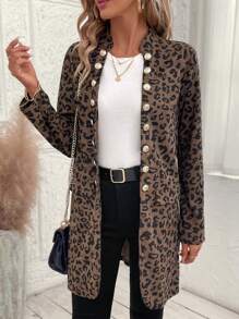 EMERY ROSE 女士休闲灯芯绒豹纹常规夹克，秋冬夹克女士长款外套 - 棕色 - 查看 5