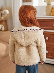 SHEIN Baby/Toddler Girls Beige Leopard Print Drawstring Zipper Hoodie Jacket - Apricot - View 2