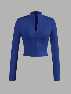 Slaydiva Simplistic Casual Basics Half Zipper V-Neck Long Sleeve Stretchy Bodycon Jacket For Women - E In Fall/Winter