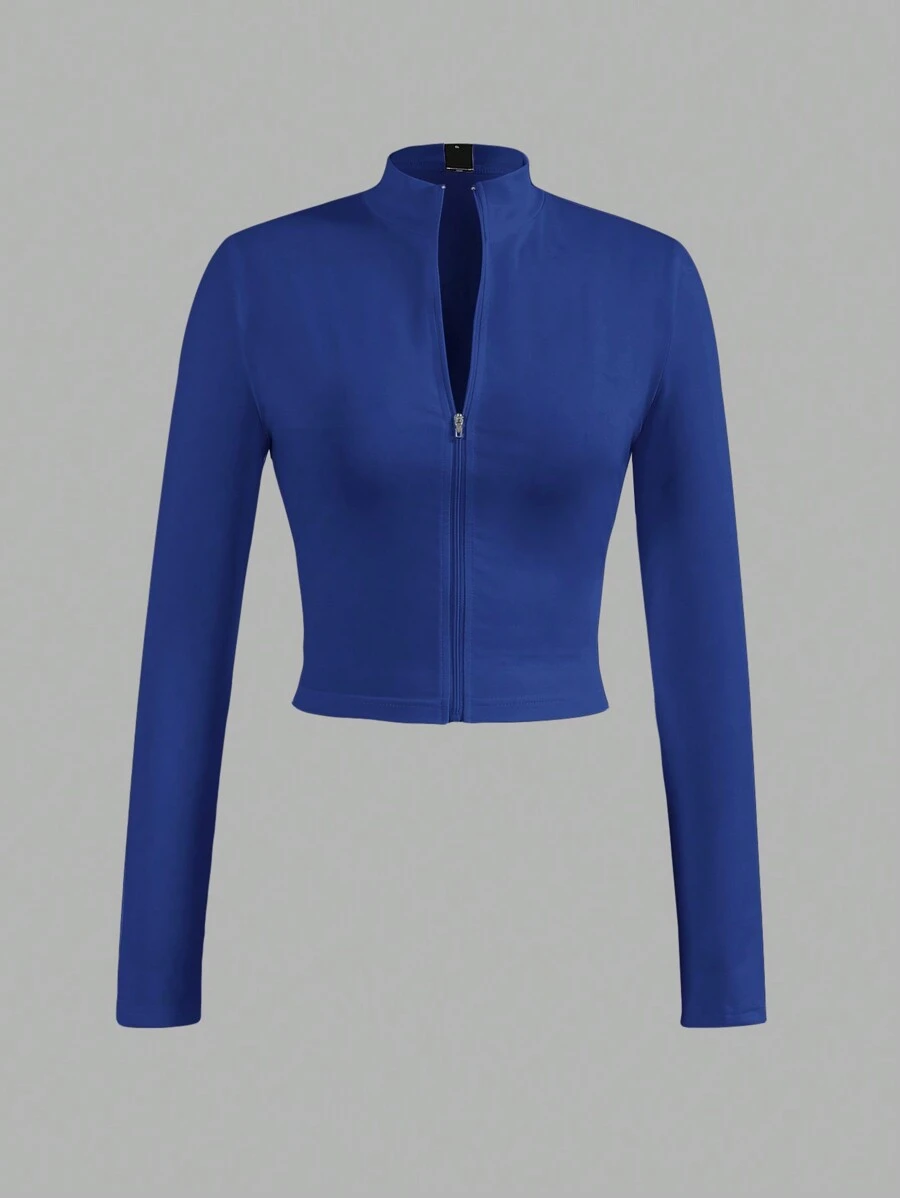 Slaydiva Simplistic Casual Basics Half Zipper V-Neck Long Sleeve Stretchy Bodycon Jacket For Women - E In Fall/Winter - Navy Blue - View 1