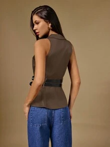 Poéselle 女式纯色无袖 V 领简约休闲衬衫 - 咖啡棕 - 查看 4