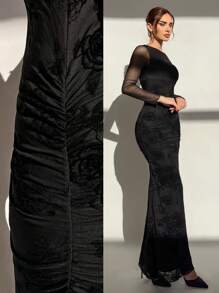 Aloruh Váy đen dài tay có lưới tương phản, trang phục lãng mạn hiện đại dành cho phụ nữ - màu đen - Xem 1