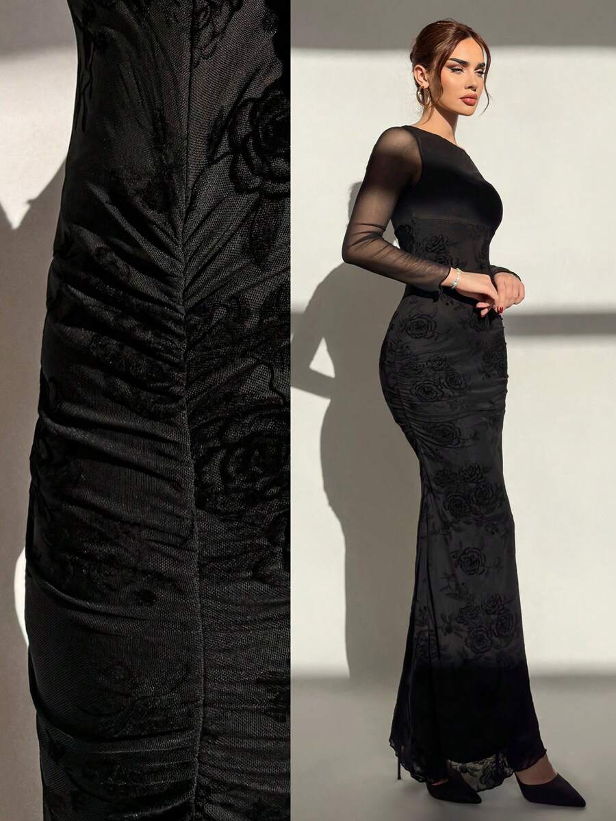 Aloruh Váy đen dài tay có lưới tương phản, trang phục lãng mạn hiện đại dành cho phụ nữ - màu đen - Xem 1