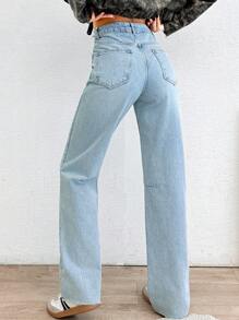 EURMUSE High Waist Wash Detailed Straight Jean - Medium Wash - View 2