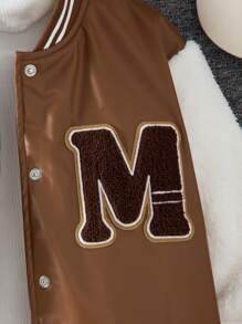 SHEIN Tween Girls Letter Printed Long Sleeve Casual Loose Baseball Jacket, Autumn & Winter ,Bomber Jacket Kids - Mocha Brown - View 5