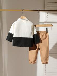 SHEIN Bộ đồ 2 món cho bé trai/bé gái, áo sơ mi dài tay chắp vá thường ngày kết hợp với quần dài đến mắt cá chân thời trang, thích hợp cho cắm trại ngoài trời vào mùa thu và ngày lễ, phong cách tối giản cho nhiều dịp khác nhau - Nhiều màu - Xem 2