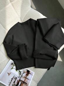 SHEIN Revavyn 2 件套：时尚圆领蓬松宽松休闲大码针织阔腿裤和毛衣，秋冬 - 黑色 - 查看 5