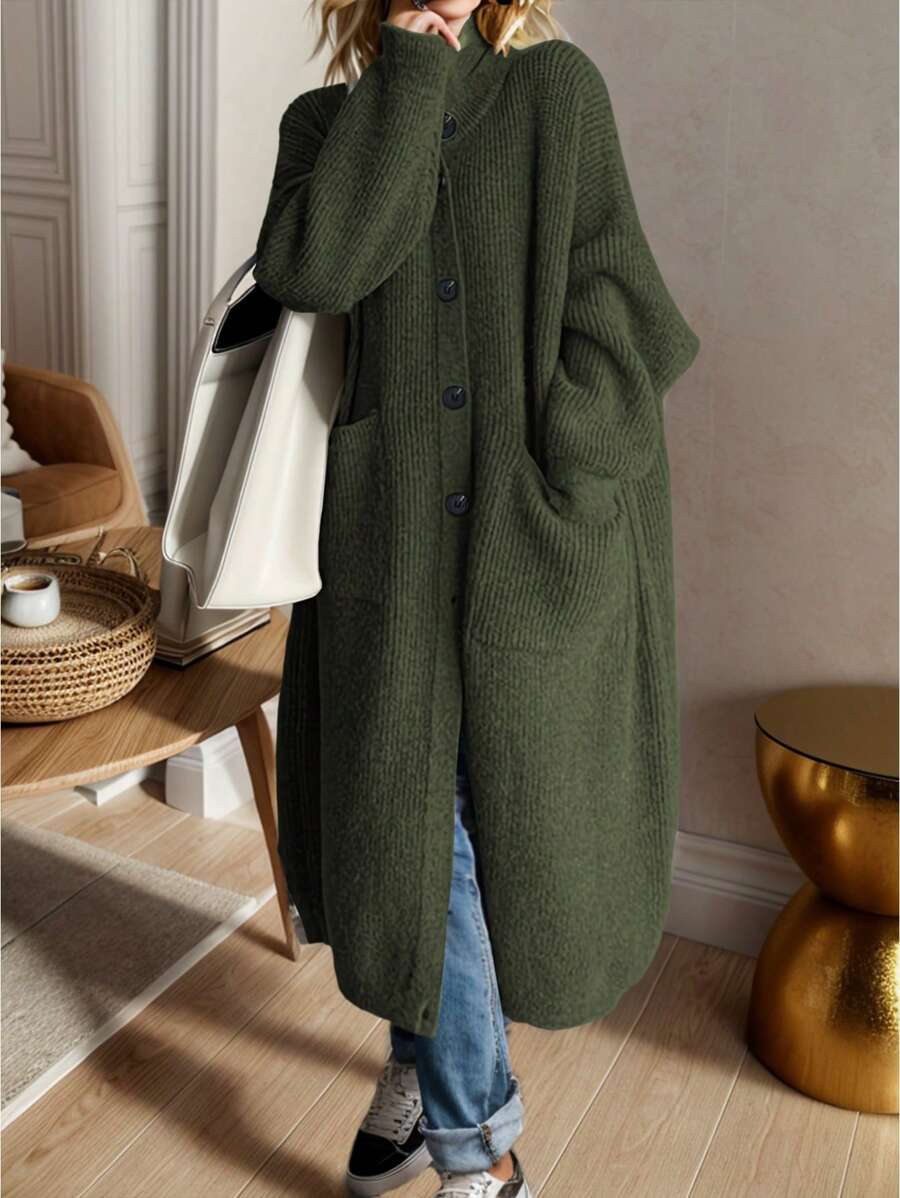 EMERY ROSE 1pc Plain Pocket Accent Casual V-Neck Long Sleeve Knit Cardigan Fall Winter Cloth For Women - Army Green - View 1