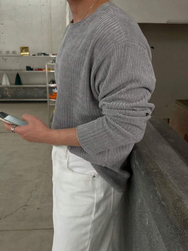 Men's Simple Solid Color Ribbed Knit T-Shirt, Casual Versatile Fall,Winter