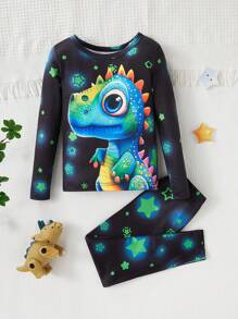 SHEIN 男童紧身 2 件套恐龙夜光图案印花长袖上衣和裤子睡衣 - 黑色 - 查看 4