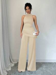 Elenzga 2pcs Set High Neck Asymmetric Hem Top And Wide Leg Pants - Khaki - View 1