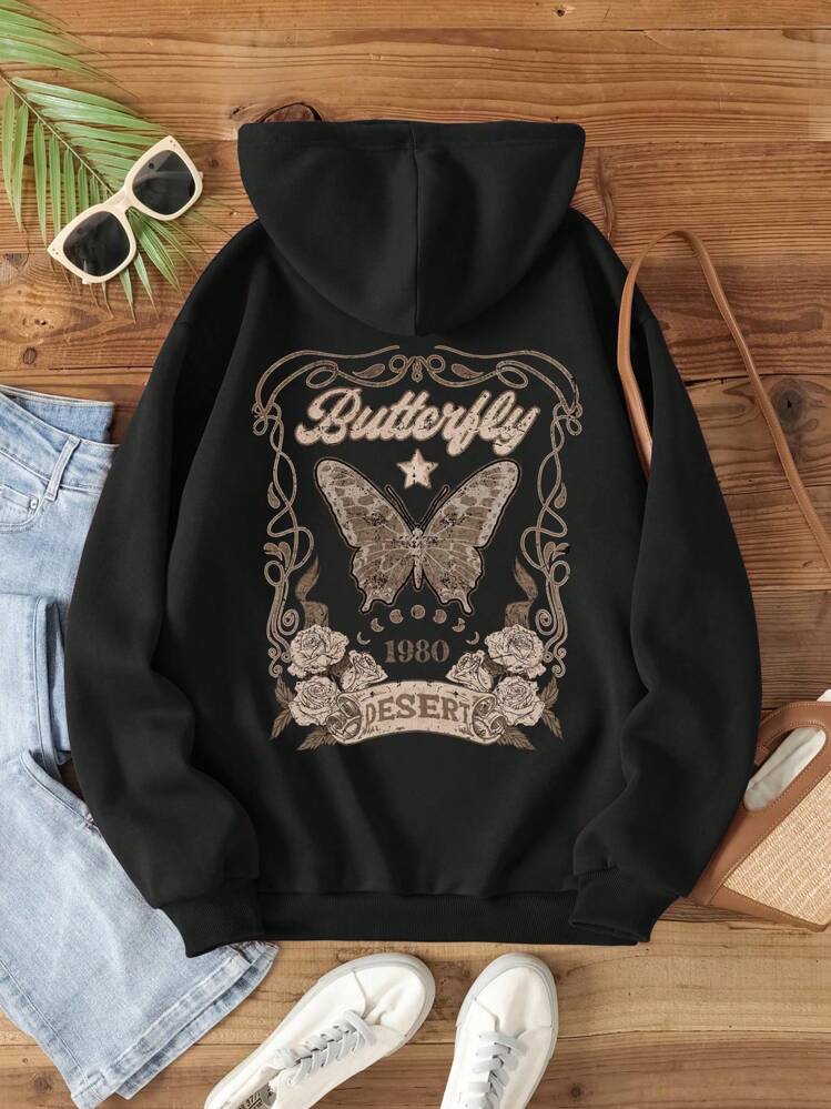 INAWLY Women's Casual Butterfly & Letter Print Hoodie Sweatshirt
