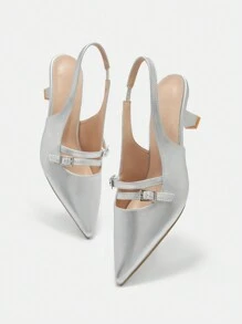 CUCCOO BIZCHIC Women's Pointed Toe Cut-Out Double Strap Buckle Stiletto Heels, Faux Leather Silver Mid-Heel Pumps For Work, Office, Formal Occasions For Christmas And New Year Holiday Vibe Fall And Winter - Silver - View 6