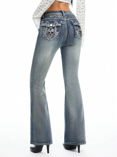 Fairycore Jeans évasés à taille basse avec broderie d'ailes de squelette rétro Y2K et décoration de strass pour femmes