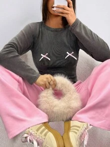 Chiquease 女式休闲蝴蝶结装饰长袖T恤，秋季图案T恤，春季女式上衣