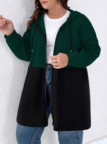 SHEIN CURVE+ Plus Size Solid Color Contrast Zipper Front Casual Hooded Coat