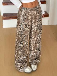 SHEIN EZwear Women Snake Skin Print Pockets Button Fly Loose PU Leather Pants - Brown - View 3