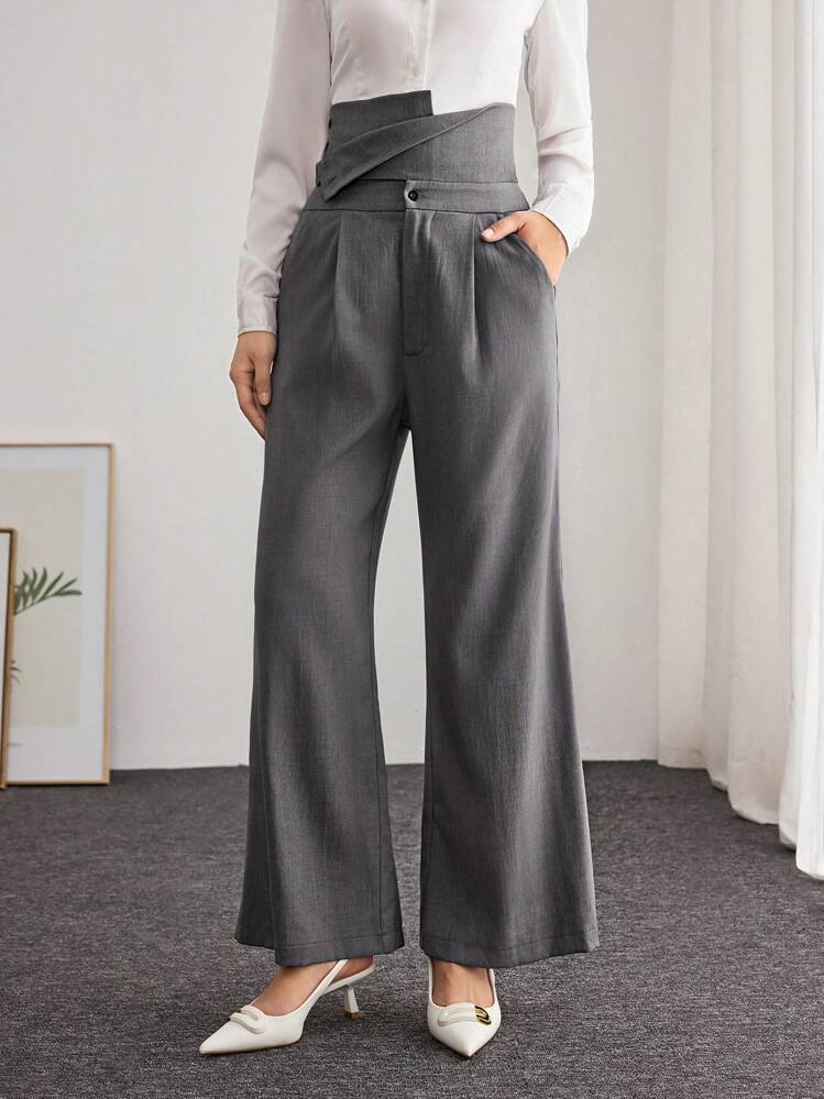 Modelyn Pantalon asymétrique taille haute jambe large pour femme, décontracté et pour le port quotidien - Gris - Voir 7