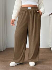 SHEIN EZwear Pantalones anchos de pana color caqui de cintura alta para mujer de talla grande, con bolsillos y diseño de parche, aptos para escuela, uso diario, trabajo en interiores, otoño e invierno