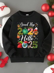 Young Girl Casual Comfortable Thermal Lined Long Sleeve Crew Neck Sweatshirt, Autumn/Winter, For Christmas - Black - View 3